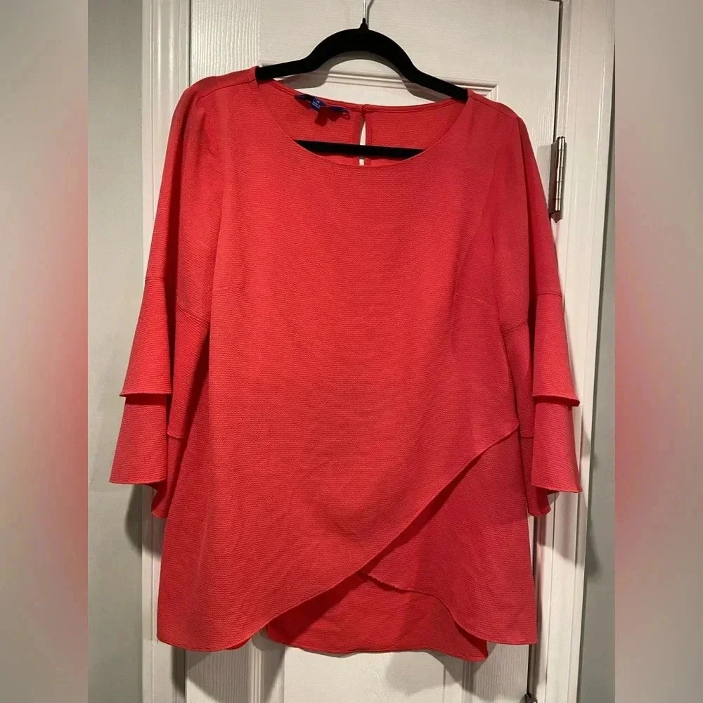 Apt 9 Pink Asymmetrical Tiered Top 3/4 Flare Sleeve Button Keyhole Back Size M